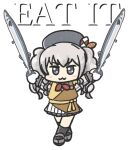  1girl adapted_costume apron beret black_headwear chibi crossed_legs ferretsan7 fish frilled_sleeves frills full_body grey_eyes grey_hair hat kantai_collection kashima_(kancolle) multicolored_apron parody saury sidelocks skirt solo standing this_is_it transparent_background twintails wavy_hair white_skirt yellow_apron 