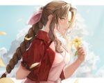  1girl aerith_gainsborough arm_behind_back bangs braid braided_ponytail breasts brown_hair choker cleavage cloud cloudy_sky cropped_jacket dress falling_petals final_fantasy final_fantasy_vii final_fantasy_vii_remake flower green_eyes hair_ribbon highres holding holding_flower jacket leaf letterboxed long_hair looking_at_viewer medium_breasts oretsuu outdoors parted_bangs petals pink_dress pink_ribbon red_jacket ribbon short_sleeves sidelocks sky smile solo upper_body wavy_hair yellow_flower 