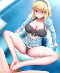  1boy 1girl bangs bikini black_bikini blonde_hair blue_eyes blush bow braid breasts cameltoe censored cleavage collarbone fate/grand_order fate_(series) footjob ginhaha hair_between_eyes hairband hetero highres jacket jeanne_d&#039;arc_(fate) jeanne_d&#039;arc_(swimsuit_archer)_(fate) large_breasts long_hair mosaic_censoring partially_visible_vulva penis ponytail pool ribbon smile solo_focus spread_legs swimsuit thigh_strap two-footed_footjob very_long_hair water 