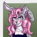  2021 anthro artist_name blue_eyes blush breasts buckteeth cleavage clothed clothing countershading digital_drawing_(artwork) digital_media_(artwork) eyelashes female fur green_background grey_body grey_fur hair hi_res lagomorph leporid literaldeerirl mammal pink_blush pink_hair rabbit shaded shirt simple_background soft_shading solo spots spotted_body spotted_fur tank_top teeth topwear 