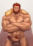  1boy abs arm_hair bara beard biceps cape chest_hair cock_ring cowboy_shot crossed_arms erection facial_hair fate/grand_order fate/zero fate_(series) foreskin fur-trimmed_cape fur_trim highres iskandar_(fate) large_penis looking_at_viewer male_focus mature_male muscular muscular_male naked_cape navel navel_hair pectorals penis red_cape red_eyes red_hair seductive_smile sex_toy short_hair smile solo stomach straight-on tekkowang thick_thighs thighs uncensored veins veiny_arms 