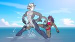  anthro ballbusting balls bikini blue_hair bodily_fluids clothing cock_and_ball_torture cum cumshot detailed_background duo ejaculation female fish genital_fluids genital_torture genitals hair hi_res hira_(kimero_kat) hyaenid kicking_balls kimero_kat male male/female mammal marine muscular muscular_arms muscular_legs muscular_male orgasm pain pecs sea seaside shark sky swimwear thick_tail wallpaper water white_hair 