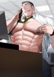  1boy abs absol_(dkqthf) bara blurry blurry_background collared_shirt desk feet_out_of_frame highres large_pectorals looking_at_viewer male_focus manly mature_male muscular muscular_male necktie nipple_clamps nipples office open_clothes open_shirt original pectorals phone rope_marks shirt short_hair smirk solo spiked_hair talking talking_on_phone teeth tongue undercut veins veiny_hands watch 