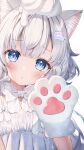  1girl :&lt; animal_ear_fluff animal_ears animal_hands bangs bell blue_eyes blush bow commentary_request dress gloves grey_hair hand_up highres long_hair looking_at_viewer momoshiki_tsubaki neck_bell original paw_gloves simple_background solo whipped_cream white_background white_bow white_dress 