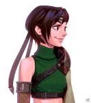  1girl armor artist_name bangs black_hair breasts brown_eyes chest_strap crop_top final_fantasy final_fantasy_vii final_fantasy_vii_remake fishnet_armwear freckles green_shirt headband highres leandro_franci looking_to_the_side midriff portrait shirt short_hair shoulder_armor single_bare_shoulder sleeveless sleeveless_turtleneck small_breasts smile solo turtleneck upper_body white_background yuffie_kisaragi 