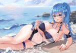  :d arm_strap bangs bare_legs beach bikini black_bikini black_choker blue_eyes blue_hair blue_sky blush breasts choker cleavage cloud covered_navel day feet_out_of_frame flower fujiko_(fujik0) hair_flower hair_ornament halterneck highres jewelry large_breasts long_hair lying necklace o-ring o-ring_choker ocean on_side original ortina_lillibel_(yashiro_sousaku) outdoors pendant ponytail rock see-through sidelocks sky smile swimsuit swimsuit_cover-up thigh_strap thighs water wet 