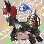  1girl animal_ears ass bloomers bow braid cat_ears cat_tail dress from_below kaenbyou_rin multiple_tails nekomata profile red_eyes red_hair shoes skull tail touhou twin_braids umigarasu_(kitsune1963) underwear 