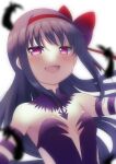  1girl absurdres akemi_homura akuma_homura bare_shoulders black_feathers black_hair blush bow breasts commentary_request detached_collar elbow_gloves feathers fur-trimmed_collar gloves hachusan111 hair_bow highres long_hair looking_at_viewer mahou_shoujo_madoka_magica open_mouth purple_eyes purple_gloves red_bow simple_background small_breasts smile solo upper_body white_background 