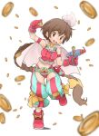  1girl :d ass_visible_through_thighs blurry blush bow braid brown_eyes brown_hair buttons capelet coin cropped_vest dot_nose footwear_bow frilled_vest frills full_body gem gun holding holding_coin holding_gun holding_weapon kyubey lapels leg_up long_hair low-braided_long_hair low-tied_long_hair magia_record:_mahou_shoujo_madoka_magica_gaiden magical_girl mahou_shoujo_madoka_magica mao_himika midriff navel open_mouth panties red_footwear red_gemstone red_panties red_vest shoes simple_background single_braid smile solo teeth underwear upper_teeth very_long_hair vest weapon white_background white_capelet zangetsumaru 
