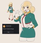  1girl :d blonde_hair blush brown_eyes character_request copyright_request green_jacket green_skirt hand_on_hip hand_up highres jacket long_sleeves looking_at_viewer miniskirt multiple_views nyantcha open_mouth pokemon pokemon_(game) pokemon_ranger skirt smile 