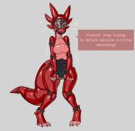  ambiguous_gender anthro banderi body_takeover claws clothed clothing countershade_torso countershading duo erection erection_under_clothing forced glistening glistening_body kobold living_clothing metallic_body plantigrade red_body rubber scales solo struggling tapering_tail text 