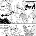  1boy 1girl absurdres arknights bb_(baalbuddy) doctor_(arknights) english_text fellatio greyscale highres horns monochrome oral panels penis pointy_ears shining_(arknights) simple_background speech_bubble white_background 