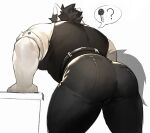  2022 anthro belt bent_over big_butt big_muscles black_hair bottomwear bubble_butt butt butt_focus canid canine canis clothed clothing digital_media_(artwork) doooo2424 fully_clothed fur hair male mammal muscular muscular_anthro muscular_male pants pictographics shirt simple_background solo thick_thighs tight_bottomwear tight_clothing tight_pants tight_topwear topwear vest white_background white_body white_fur wolf 