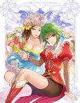  2girls amazio_komeko asellus_(saga_frontier) blue_eyes breasts brown_hair cleavage curly_hair dress elbow_gloves flower gloves green_eyes green_hair hair_flower hair_ornament highres long_hair looking_at_viewer multiple_girls princess_white_rose red_flower red_rose rose saga saga_frontier short_hair smile 