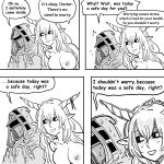  1boy 1girl absurdres arknights bb_(baalbuddy) breasts cloak doctor_(arknights) english_text greyscale helmet highres hood hooded_cloak horns large_breasts monochrome nude pointy_ears shining_(arknights) simple_background speech_bubble white_background 