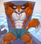  abs anthro beverage_can biceps brown_body brown_fur canid canine clothed clothing epic_games eyebrows fennix_(fortnite) fortnite fox fur hi_res ludren male mammal muscular muscular_anthro muscular_male muscular_thighs orange_body orange_fur pecs pose quads reclining sitting smile solo swimming_trunks swimwear thick_thighs topless video_games white_body white_fur 