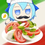  absurdres basil_leaf blue_bow blue_eyes blue_hair blush blush_stickers bow caprese_salad cheese chef_hat chef_uniform cirno destoroyar facial_hair fake_facial_hair fake_mustache food fumo_(doll) hat highres italian_flag mustache plate red_bow salad tomato touhou 