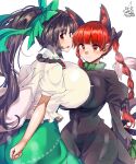  2girls animal_ears black_hair bow braid breast_press breasts cape cat_ears chest_jewel dress green_bow green_dress green_skirt hair_bow highres huge_breasts kaenbyou_rin long_hair multiple_girls red_eyes red_hair reiuji_utsuho skirt symmetrical_docking tail touhou twin_braids umigarasu_(kitsune1963) white_cape wings 