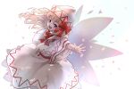  1girl absurdres blonde_hair blue_eyes bow bowtie capelet dress fairy fairy_wings happy hat hat_bow highres lily_white long_hair open_mouth outstretched_arms petals red_bow red_bowtie sanana_e teeth touhou upper_body upper_teeth white_capelet white_dress white_headwear wings 