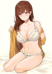  1girl bangs bare_legs bare_shoulders bed_sheet blush bow bow_panties bra breasts brown_eyes brown_hair cleavage closed_mouth collarbone commentary_request furrowed_brow large_breasts long_hair looking_to_the_side navel original panties shirt sitting solo stomach textless_version underwear white_bra white_panties yellow_shirt yokozuwari yuyama_chika 
