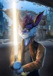  anthro blue_body blue_fur canid canine clothing fox fur hi_res jacket lightsaber male mammal melee_weapon purple_body purple_fur solo spacecraft stampmats star_wars topwear vehicle weapon 