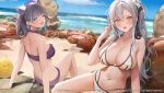  2girls :o ;d ameyame animal_ears arm_support azur_lane back bare_arms bare_shoulders beach bikini black_hair blue_eyes breasts cat_ears cheshire_(azur_lane) cheshire_(summery_date!)_(azur_lane) choker cleavage day drake_(azur_lane) drake_(the_golden_hind&#039;s_respite)_(azur_lane) fake_animal_ears frilled_bikini frills from_behind hair_ribbon halterneck hand_up highres large_breasts looking_back multi-strapped_bikini multicolored_hair multiple_girls navel official_alternate_costume official_art one_eye_closed open_mouth outdoors ponytail purple_bikini purple_choker ribbon sitting skindentation smile stomach streaked_hair string_bikini swimsuit thighs wet white_bikini white_hair yellow_eyes 