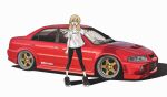  1girl :d absurdres black_footwear black_leggings blonde_hair bokuya car commentary_request green_eyes ground_vehicle highres leggings long_hair looking_at_viewer mitsubishi_lancer_evolution mitsubishi_motors motor_vehicle open_mouth original shadow shirt shoes short_sleeves simple_background smile sneakers solo standing t-shirt translation_request vehicle_focus white_background white_shirt 