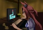  1girl animal_ears aqua_eyes braid brown_hair commentary_request desk ear_ornament french_braid from_side highres holding holding_mouse_(computer) horse_ears horse_girl kakuteru_sudachi kawakami_princess_(umamusume) keyboard_(computer) long_hair maze monitor mouse_(computer) pinky_out playing_games puffy_short_sleeves puffy_sleeves purple_shirt sailor_collar sailor_shirt school_uniform screamer shirt short_sleeves solo summer_uniform tracen_school_uniform trash_can umamusume upper_body white_sailor_collar 
