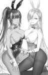  2girls absurdres animal_ears asuna_(blue_archive) asuna_(bunny)_(blue_archive) bangs bare_shoulders blue_archive bow bowtie breasts dark-skinned_female dark_skin eyebrows_hidden_by_hair fake_animal_ears fake_tail fishnet_pantyhose fishnets gloves greyscale hair_between_eyes highres karin_(blue_archive) karin_(bunny)_(blue_archive) kneeling long_hair looking_at_viewer monochrome multiple_girls nipi27 open_mouth pantyhose playboy_bunny ponytail rabbit_ears rabbit_tail simple_background smile tail v victory_pose white_background white_gloves white_pantyhose wrist_cuffs 