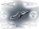  concept_art cruiser_(eve_online) english_text eve_online from_above from_behind from_below from_side glowing highres lineart machinery multiple_views no_humans novafox original science_fiction servant_sisters_of_eve spacecraft strategic_cruiser_(eve_online) thrusters vehicle_focus 