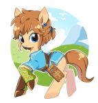  2019 alternate_species blonde_hair blue_eyes breath_of_the_wild clothing cloud crossover day ear_piercing ear_ring equid equine grass hair hasbro horse link looking_at_viewer male mammal my_little_pony nintendo piercing pinkyshot666 plant ponification pony ponytail ring_piercing sheikah_slate smile solo the_legend_of_zelda video_games 