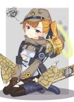  1girl ash_arms boots breasts character_request hat highres looking_at_viewer mecha_musume military military_hat military_uniform orange_hair pantyhose purple_eyes saettanmm336 side_ponytail simple_background sitting small_breasts smoke solo tears torn_clothes uniform white_background 