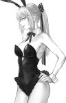  1girl animal_ears artoria_pendragon_(fate) bangs barefoot breasts eyebrows_hidden_by_hair fake_animal_ears fake_tail fate/grand_order fate_(series) greyscale hair_ribbon highres long_hair looking_at_viewer monochrome nipi27 playboy_bunny pony rabbit_ears rabbit_tail ribbon saber_alter simple_background solo tail white_background wrist_cuffs 