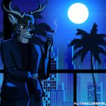  2020 anthro antlers artist_name black_clothing black_shirt black_topwear blue_theme bottomwear brown_body brown_fur brown_hair cel_shading cervid cigarette city cityscape clothed clothing detailed_background digital_drawing_(artwork) digital_media_(artwork) fur green_eyes hair hi_res holding_cigarette holding_object horn jacket light literaldeerirl male mammal moon moonlight night outside palm_tree pants plant shaded shirt sky solo star topwear tree 