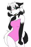  absurd_res anthro arctic_fox blush breasts canid canine collar embarrassed female fishnet fox fur hi_res mammal moname pink_outfit solo white_body white_fur 