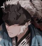  1boy blue_eyes closed_mouth commentary_request fate/grand_order fate_(series) forehead_protector grey_hair highres japanese_clothes long_sideburns male_focus nagakura_shinpachi_(fate) ponytail portrait sideburns siho_is_alien solo twitter_username 