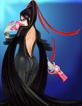  ass bare_back bayonetta bayonetta_(character) beauty_mark black_hair bodysuit canpy chains earrings female glasses gradient gradient_background gun hair_bun jewelry long_hair mole red_ribbon ribbon solo very_long_hair weapon 