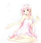  angel_wings aobara barefoot blue_eyes crown dress full_body headphones headset highres long_hair megurine_luka pink_hair simple_background sitting smile solo vocaloid white_dress wings 