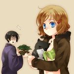  1girl america_(hetalia) animalization axis_powers_hetalia bad_id bad_pixiv_id breasts cat cleavage front-tie_top genderswap genderswap_(mtf) hair_ornament jacket japan_(hetalia) japan_(nekotalia) medium_breasts midriff shiramatsu surprised tree 