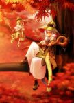  1girl autumn bad_id bad_pixiv_id blurry branch depth_of_field flying hat hebino_(snake_nest) in_tree leaf nature original red room sitting staff tree white_hair 