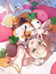 1girl :d arm_garter arm_up asymmetrical_legwear bed_sheet bell blonde_hair bow bowtie breasts brown_bow brown_bowtie brown_corset cleavage cleavage_cutout clothing_cutout commentary_request corset double-parted_bangs double_bun dress fang flower foreshortening frilled_dress frilled_shirt frilled_skirt frilled_thighhighs frills gradient_hair green_eyes hair_bun hair_flower hair_ornament hand_up heart_cushion highres hololive jingle_bell knees_together_feet_apart large_breasts layered_skirt leg_up looking_at_viewer lying miniskirt momoshiki_tsubaki momosuzu_nene momosuzu_nene_(1st_costume) multicolored_bow multicolored_bowtie multicolored_hair multicolored_skirt neck_bell nekko_(momosuzu_nene) on_bed open_hand open_mouth orange_bow orange_bowtie orange_shirt orange_skirt peach_ornament petticoat pink_flower pink_hair pink_skirt pleated_skirt reaching reaching_towards_viewer shadow shirt side_up_bun single_thighhigh skirt skirt_set sleeveless sleeveless_shirt smile stuffed_animal stuffed_seal stuffed_toy surrounded teeth thighhighs tongue two_side_up underbust uneven_legwear upper_teeth_only upside-down virtual_youtuber watermark white_thighhighs yellow_bow yellow_bowtie yellow_skirt 