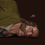  1boy aegyo_sal blazer brown_hair collared_shirt commentary disco_elysium english_commentary facial_hair green_eyes green_jacket green_necktie hair_slicked_back harry_du_bois highres jacket looking_up lying male_focus mullet mutton_chops necktie nurve26 on_ground on_side painterly shirt solo upper_body white_shirt 