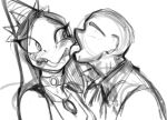 2025 absurd_res anon_(snoot_game) anthro bald blush blush_lines bone_frill cavemanon_studios cheek_lick chervyarts clothing duo eyelashes face_lick fang_(gvh) female female_on_human frill_(anatomy) front_view goodbye_volcano_high hair halter_top hi_res human human_on_anthro interspecies jacket jewelry ko_op_(game_developer) licking long_hair male male/female male_on_anthro mammal monochrome necklace prehistoric_species pterodactylus pterosaur reptile scalie sketch snoot_game tongue tongue_out topwear