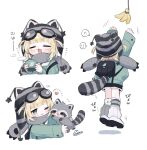  ! !! 1girl :3 :d ;3 animal animal_ear_headwear arms_up banana black_hat black_shorts blonde_hair blush boots closed_eyes cotono_(nazekun) cropped_torso cup fang food fruit full_body fur-trimmed_shorts fur_trim goggles goggles_on_head green_jacket grey_scarf hat heart highres holding holding_cup jacket leg_warmers long_sleeves multiple_views one_eye_closed open_mouth original raccoon raccoon_girl raccoon_tail scarf short_hair shorts signature simple_background skin_fang smile socks spoken_exclamation_mark striped_clothes striped_socks tail white_background white_boots 