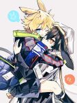  2boys animal_ear_piercing animal_ears arknights ayerscarpe_(arknights) bandaid bandaid_on_face bandaid_on_nose baoshi_xiao_niao black_coat black_gloves black_shorts black_socks blonde_hair blue_eyes brown_background carrying carrying_person cheek-to-cheek coat feet_out_of_frame gloves hand_on_another's_ass heads_together highres hug leonhardt_(arknights) male_focus multiple_boys one_eye_closed open_mouth orange_eyes rabbit_ears rabbit_girl rabbit_tail safety_pin shorts simple_background smile socks tail translation_request upper_body white_coat yaoi 