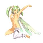  arm_up armpits bad_id bad_pixiv_id barefoot breasts buttons fairy fingernails full_body green_eyes green_hair groin kneeling medium_breasts navel nipples nude original outstretched_arm pointy_ears single_legging single_thighhigh solo stretch sukizo thighhighs twintails wings 