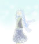  1girl artist_request bangs blue_eyes blue_hair blunt_bangs blush braid braids candace_(harvest_moon) cardigan female gradient gradient_background harvest_moon harvest_moon:_animal_parade harvest_moon:_tree_of_tranquility long_skirt pale_color scarf shy skirt solo twin_braids twinbraids white_background 