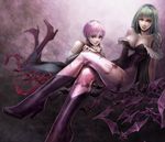  animal_print bare_shoulders bat bat_print boots breasts cleavage crossed_legs demon_girl elbow_gloves fingerless_gloves gloves green_eyes green_hair high_heels large_breasts leotard lilith_aensland long_hair morrigan_aensland multiple_girls pantyhose print_legwear purple_hair red_eyes shoes short_hair siblings sitting succubus tetra_takamine vampire_(game) 