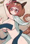  1girl accidental_exposure akizuki_shigure animal_ears areola_slip arm_up bath_yukata black_sash blush breasts brown_tail commentary_request ear_ornament glasses highres holding holding_paddle horse_ears horse_girl horse_tail japanese_clothes kimono large_breasts multicolored_hair navel open_clothes open_kimono open_mouth paddle red-framed_eyewear red_eyes sash short_hair solo sparkle sparkling_aura stomach streaked_hair sweat tail thighs transcend_(umamusume) umamusume yukata 