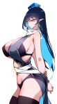  1girl absurdres adapted_costume black_bra black_dress black_hair black_panties black_thighhighs blue_hair bound bound_wrists bra breasts colored_inner_hair commentary dress earrings expressionless from_side hat highres iizunamaru_megumu jewelry large_breasts long_hair looking_at_viewer midriff multicolored_hair navel panties parted_lips pointy_ears raptor7 red_eyes see-through_clothes solo thighhighs thighs tokin_hat touhou two-tone_hair underwear white_background 